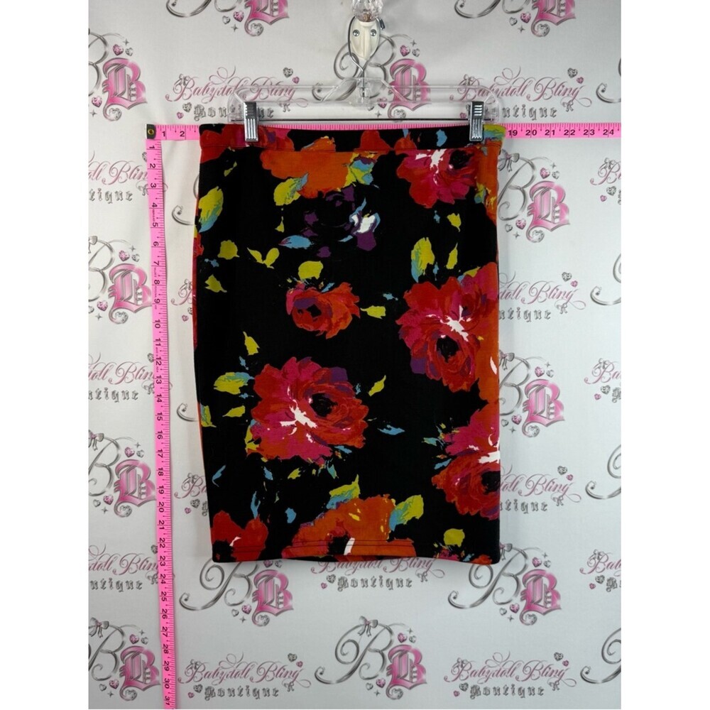 Grace Pencil Skirt Flowy Colourful Black with Red, Orange, Yellow Floral Print